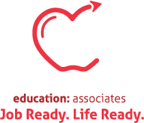 Education Associates logo The red outline of an apple with an arrow pointing up. Job Ready. Life Ready.