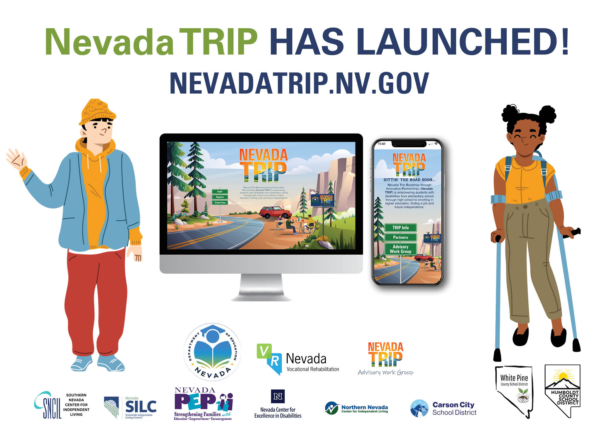 NV TRIP Social Media Launch Post Nevada TRIP has launched. nevadatrip.nv.gov two students stand besides screens showing the website