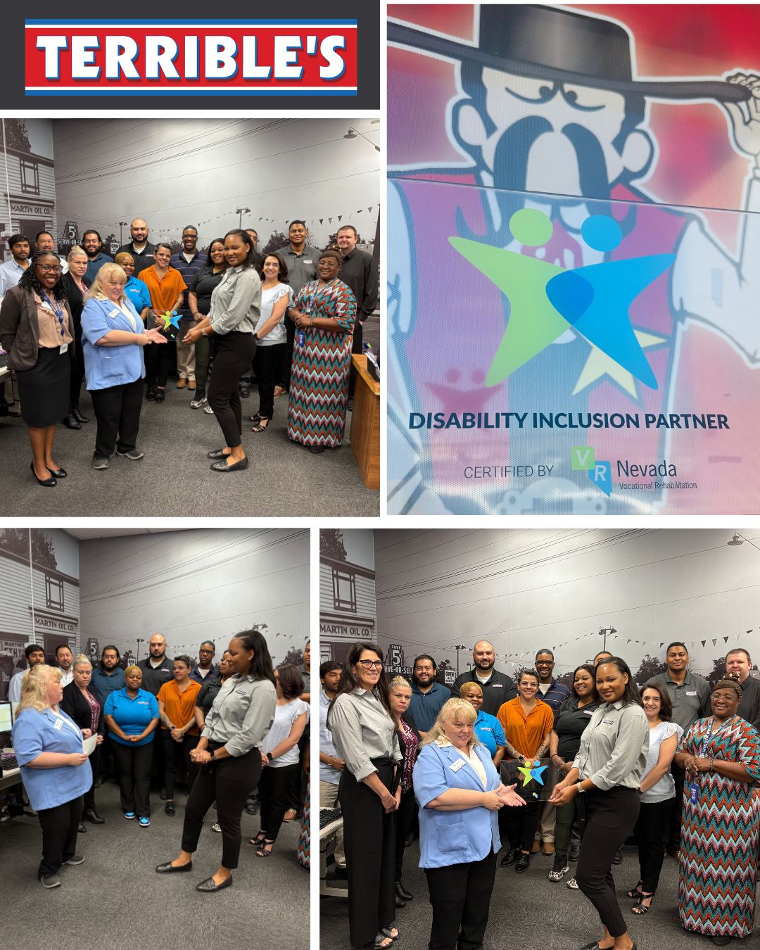 vr staff presents the proud partner plaque to terribles employees
